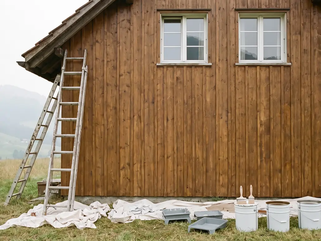 Holzfassade eines Hauses, frisch lasiert, daneben eine angelehnte Leiter