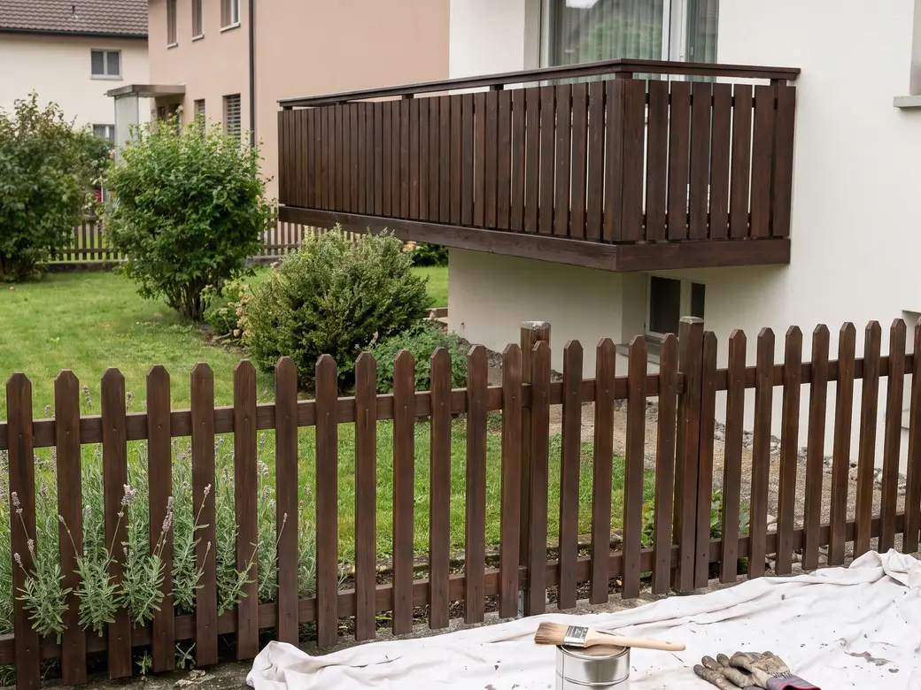 Balkongeländer und Gartenzaun aus Holz, frisch gestrichen