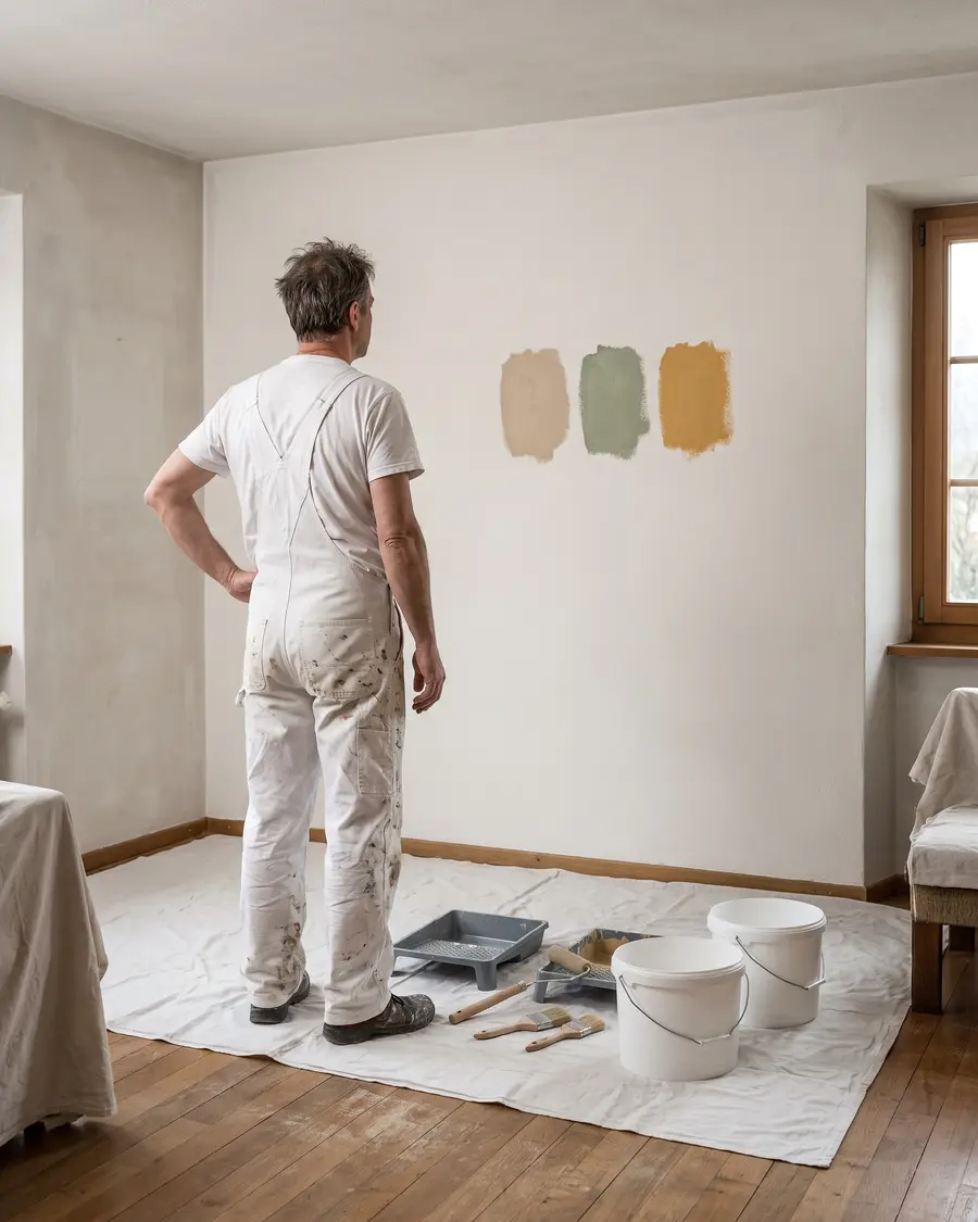 Der Inhaber von hinten in weisser Arbeitskleidung, er betrachtet eine Musterfläche an der Wand