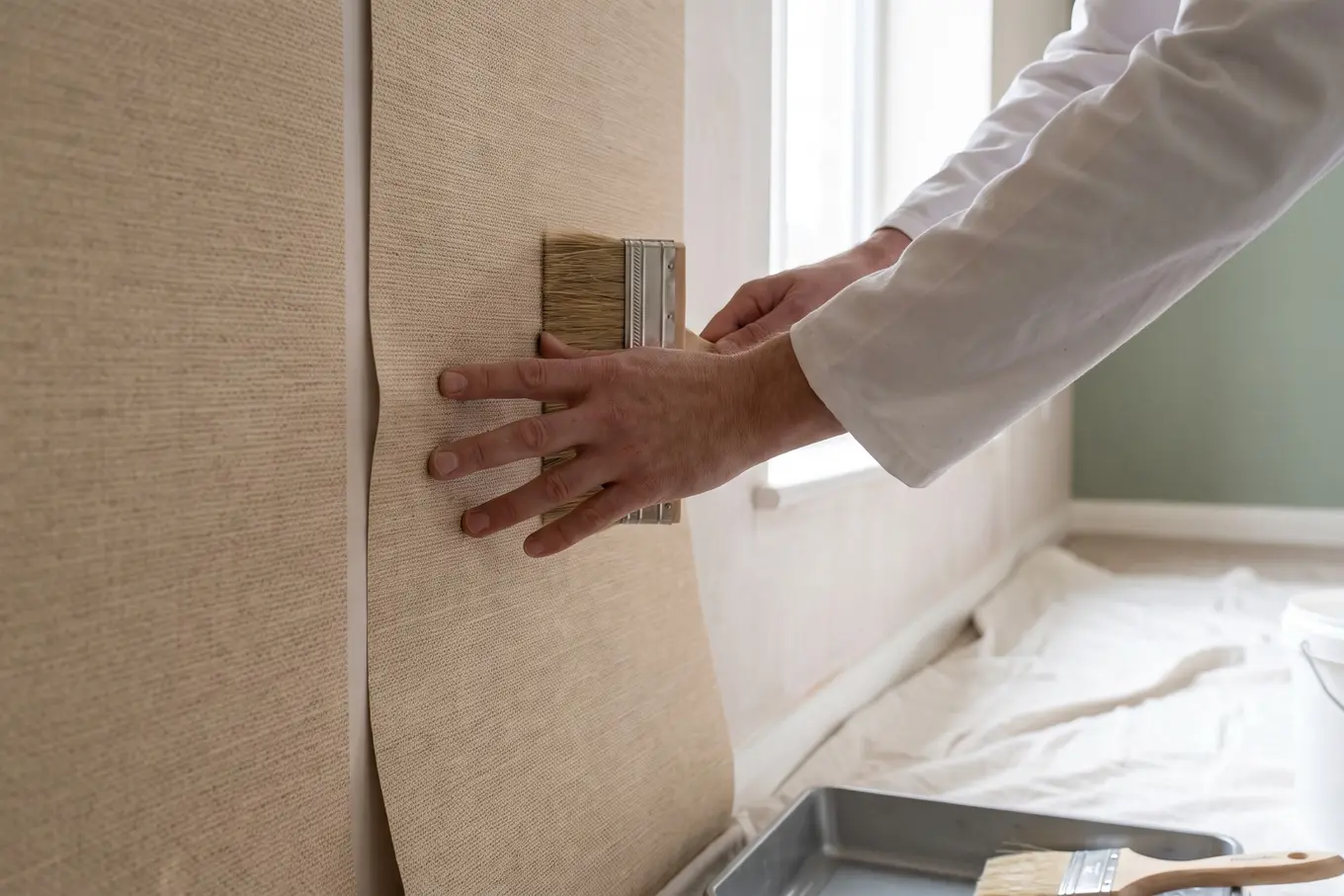 Hände streichen eine Tapetenbahn an der Wand glatt